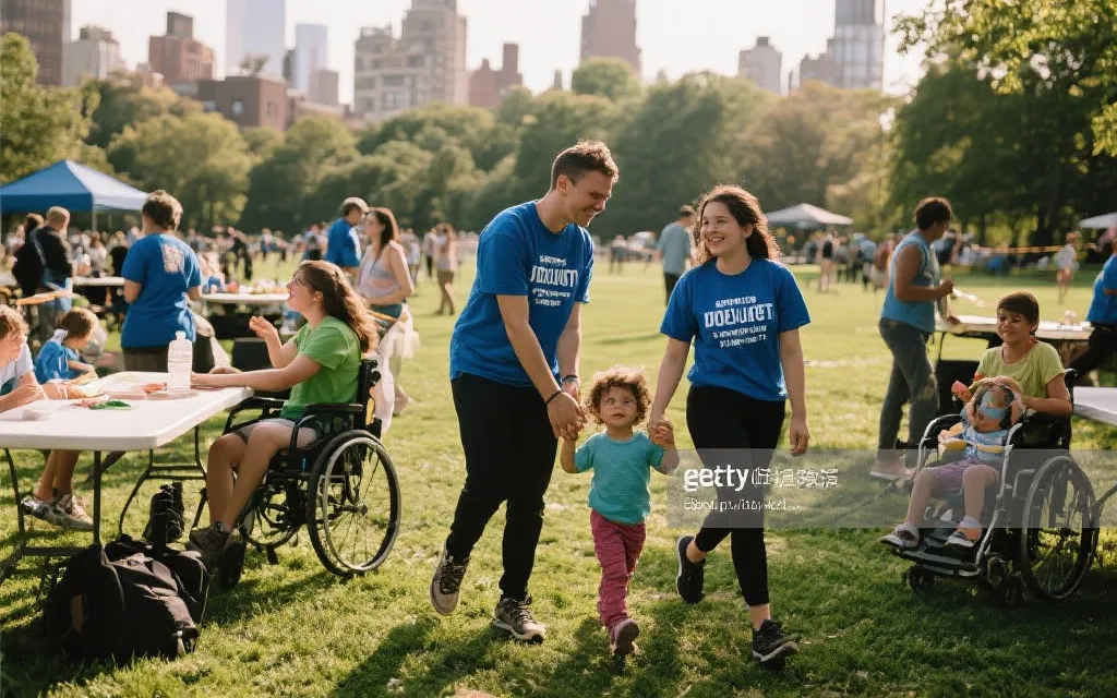 志愿者在社区体育活动中引导人群与提供信息，温暖纪实、城市公共空间氛围