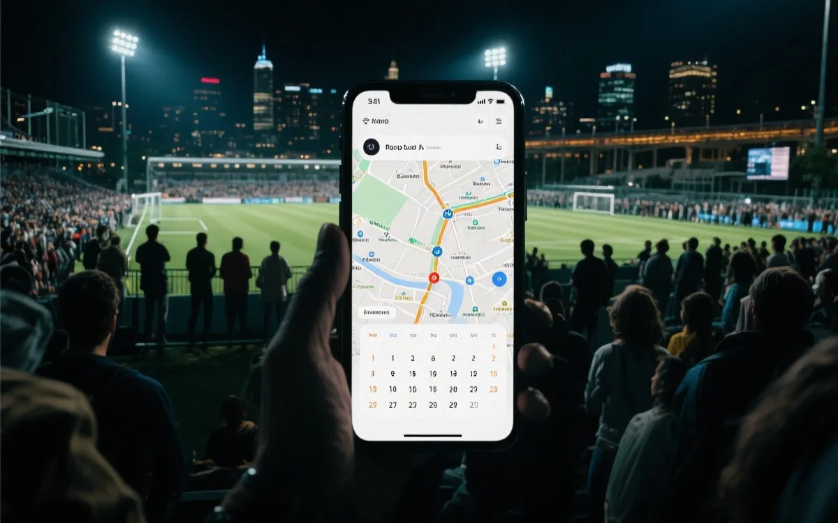 夜晚球场外的人群与城市交通，手机显示日历提醒与路线规划的氛围图