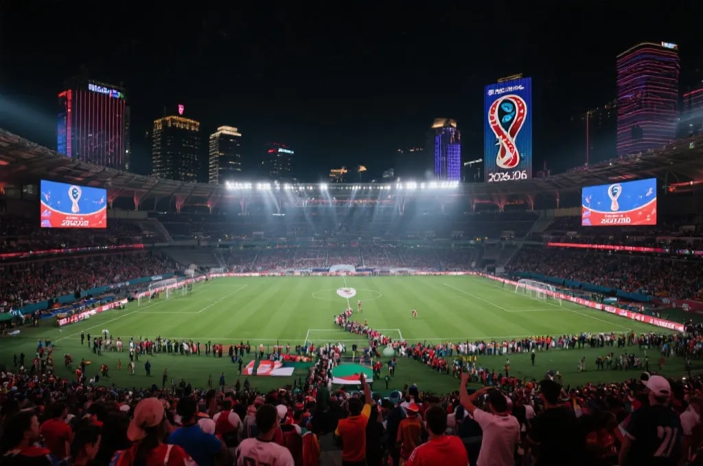 2026世界杯决赛夜球场灯火通明,球迷入场,情绪达到顶点