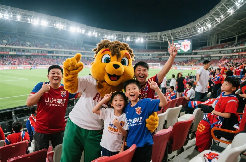 球场内吉祥物与不同年龄层球迷合影互动的温暖瞬间